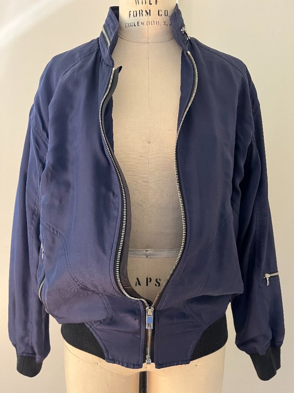 RAG'N BONE BOMBER JACKET 100% SILK blue and black with hidden hood size XS